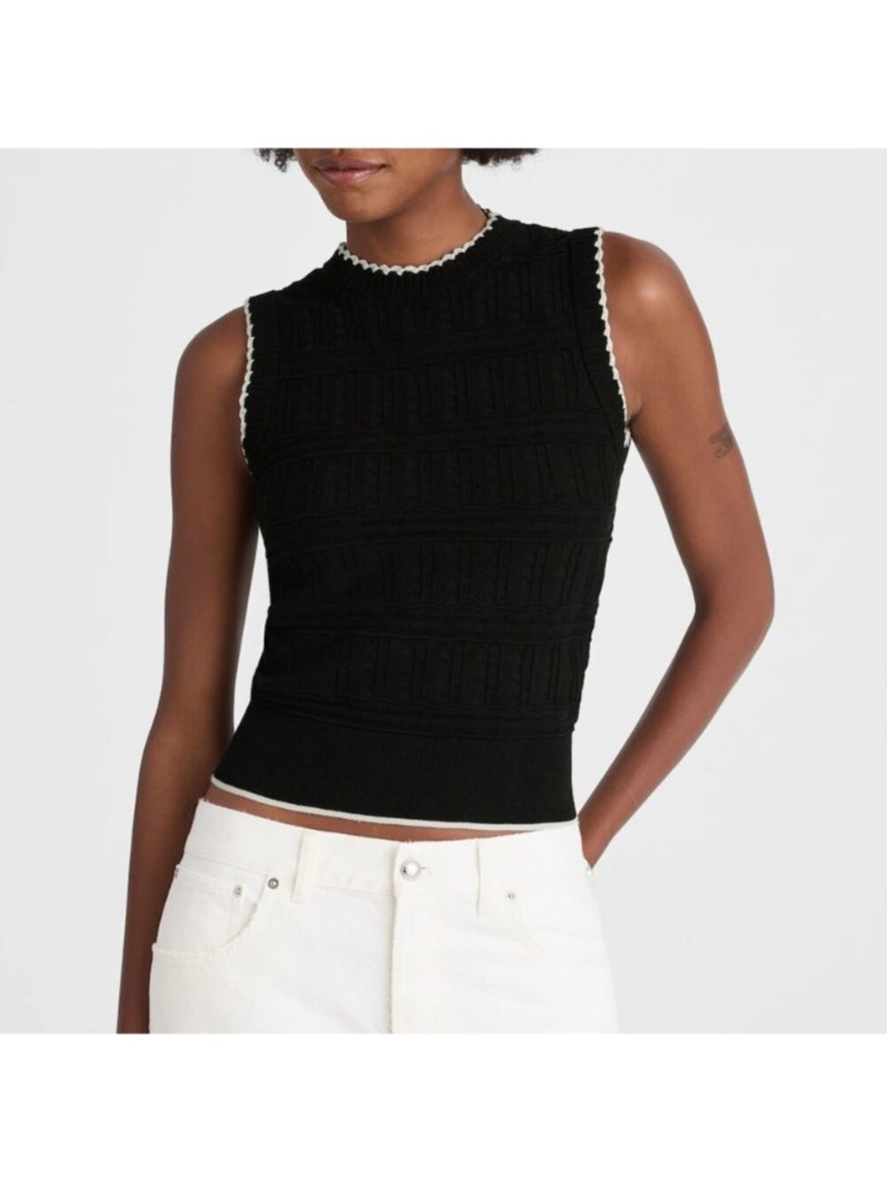 NWT Madewell Mixed-Stitch Sleeveless Sweater XS Black Ivory Trim Slim Pointelle